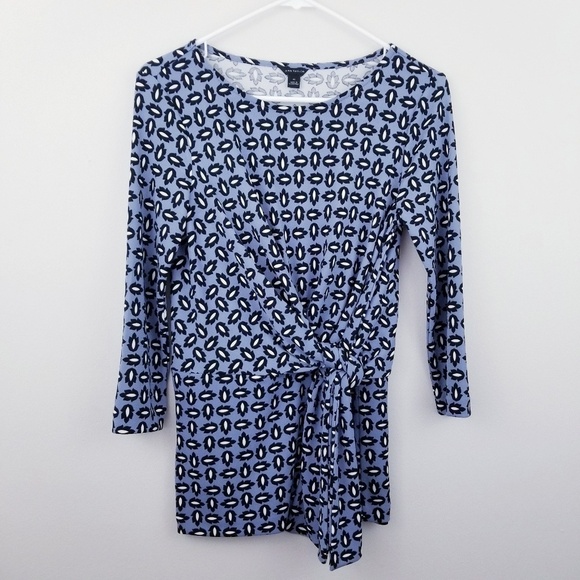 Ann Taylor | Blue Tossed Leaf Print Side-Tie Top - Picture 3 of 8